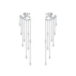 925 Silver Gold Plated Left-Right Multi-Star Chain CZ Charm Zircon Multi-Chain Earrings-MME733