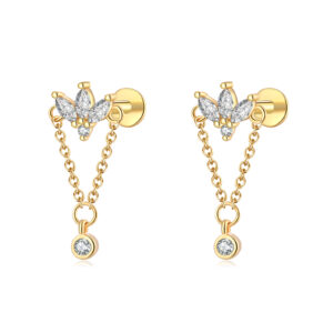 925 Silver Gold Wing-Shaped Chain CZ Charm Zircon Chain Earrings -MME725