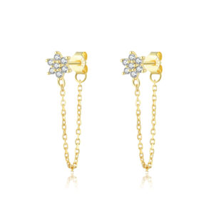 925 Silver Gold Starburst Chain CZ Earrings-MME710