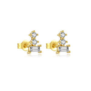 925 Silver Gold Round & Baguette CZ Cluster Stud Earrings-MME326