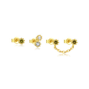 925 Silver Gold-Plated Flower & Chain Earring Set (Olive CZ, White CZ, Pearl) -MME097