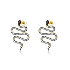 925 Silver Gold Plated Long Snake Black & White Zircon Studs-MME695