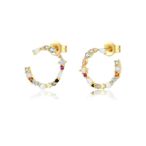 925 Silver Gold Front-Semi-Circle Multi-Color CZ Huggie Earrings-MME687