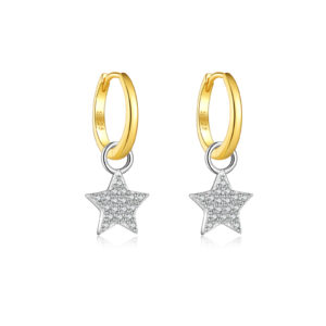 925 Silver Two-Tone Gold-Plated Huggie Earrings, Paved CZ Star Pendant-MME1099