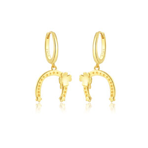 925 Silver 18K Gold-Plated Horseshoe & Clover Drops Huggie Earrings-MME681