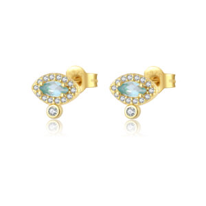 925 Silver Gold, Aquamarine Marquise CZ, Halo-set, Bezel-set Zircon, Stud Earrings-MME670