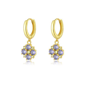 925 Silver Gold Purple CZ Drop Huggie Earrings-MME664
