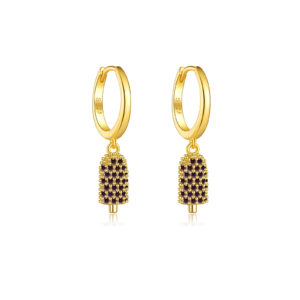 925 Silver Gold huggies with paved black zircon ice cream popsicle drops Huggie EarringsMME657