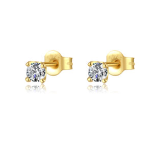 925 Silver Gold Solitaire White Zircon Round Stud Earrings-MME647