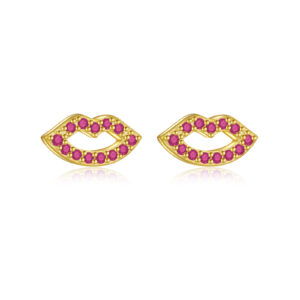 925 Silver Gold Paved Pink CZ Lip Studs-MME622