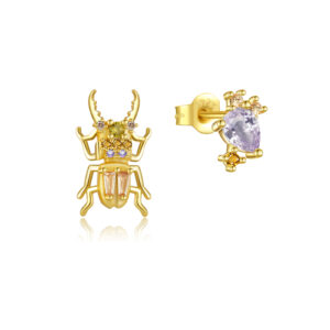 925 Silver Gold Double-Crystal Beetle Asymmetric Studs-MME551