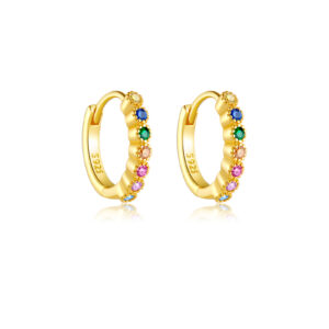 925 Silver Gold Textured Bezel-Set Multi-Color CZ Mini Huggie Earrings-MME170