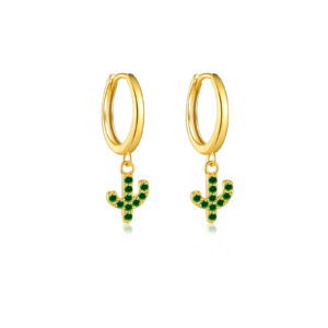 925 Silver Gold CZ-Studded Cactus Charm Huggie Earrings-MME526