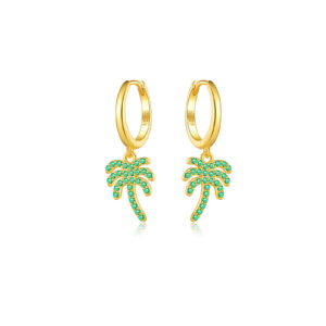 925 Silver Gold CZ Palm Tree Pendant Huggie Earrings-MME447