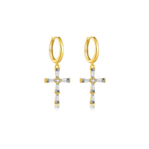 925 Silver Gold Baguette CZ Cross Pendant Huggie Earrings-MME427