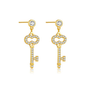 925 Silver Gold Pave Key Chain CZ Charm Studs-MME409