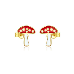925 Silver Gold Red Resin Mushroom Stud Earrings-MME365