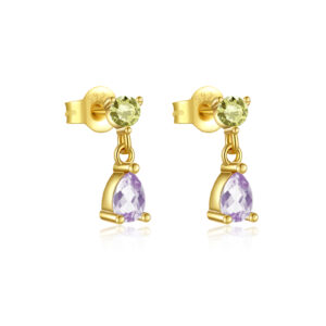 925 Silver Gold Round CZ & Teardrop Gemstone Stud Earrings-MME342