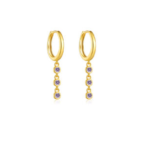 925 Silver Gold Plain Huggie Earrings with CZ Drop Charms-MME336