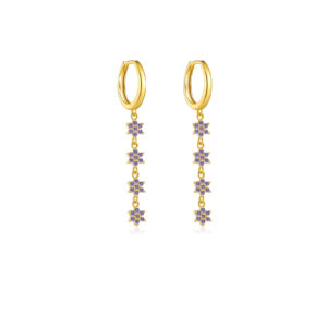 925 Silver Gold Plain Huggie Earrings with Floral CZ Chain Charms-MME334