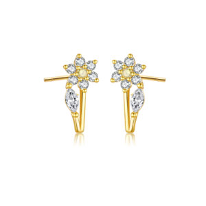 925 Silver Gold Flower CZ Stud Earrings-MME319