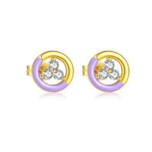 925 Silver Gold Plated Purple Resin Round Stone Round Earrings-MME1077