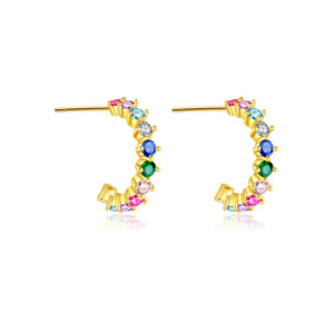 925 Silver Gold Multi-Color CZ Paved C-Shaped Hoop Earrings-MME193