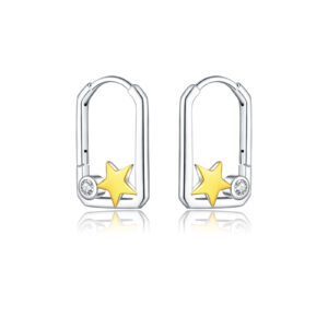 925 Silver Two-Tone Gold-Plated U-Shaped Huggie Earrings with Star & CZ Accent-MME1135