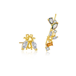 925 Silver Gold Bee-Shaped Paved CZ Asymmetrical Stud & Crawler Earring Set-MME294