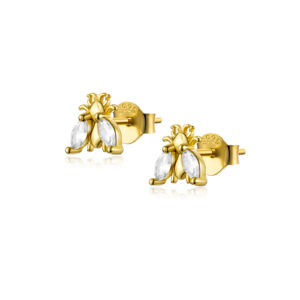 925 Silver Gold Bee-Shaped CZ Stud Earrings-MME292