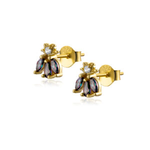 925 Silver Gold Bee-Shaped Multi-Color CZ Stud Earrings-MME291