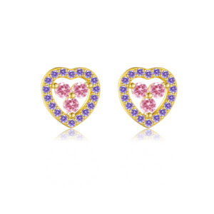 925 Silver Gold Plated Heart-shaped Round Pink & Purple Stone Stud Earrings-MME1065