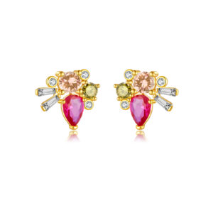 925 Silver Gold Mixed CZ Paved Pear-Shaped Stud EarringsMME243