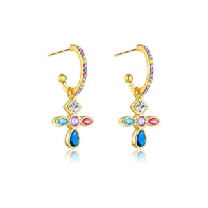 925 Silver Gold Bezel-Set Multi-Color CZ Clover Drop Hoop Earrings-MME239