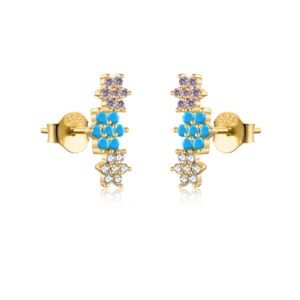 925 Silver Gold Multi-Color CZ Cluster-Set Floral Stud Earrings-MME231