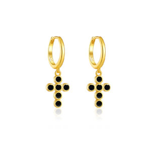925 Silver Gold Cross Bezel-Set CZ Drop Huggie Earrings-MME229