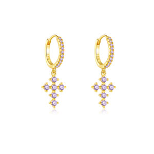 925 Silver Gold Cross CZ Paved Drop Huggie Earrings-MME214