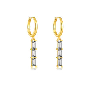 925 Silver Gold Column Bicolor CZ Drop Huggie Earrings-MME212