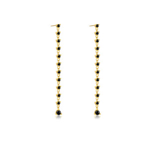 925 Silver Gold Bead CZ Paved Long Drop Earrings-MME211