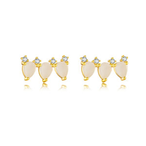925 Silver Gold Three-Petal Teardrop CZ Paved Stud Earrings-MME210