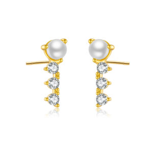 925 Silver Gold Pearl & CZ Paved Drop Stud Earrings-MME203