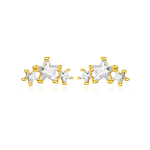 925 Silver Gold-Plated Triple Star Claw-Set CZ Stud Earrings -MME202