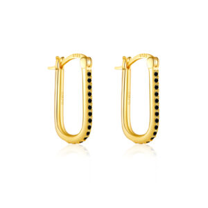 925 Silver Gold Single-Row Black CZ Paved U-Shaped Hoop Earrings-MME186