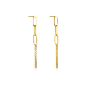 925 Silver Gold Chain-Link & CZ Paved Long Drop EarringsMME0177