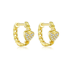 925 Silver Gold-Plated Curb Chain Huggie Earrings with Paved CZ Heart Charm-MME1053