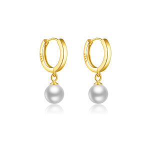 925 Silver Gold-Plated Huggie Earrings with 7mm Pearl Drop - 22.5mm Height, 8.5mm Inner Diameter-MME012