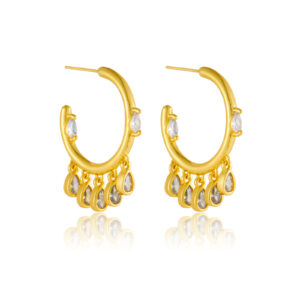 White Copper Gold Plated C-Hoop Earrings, Size 25mm, Claw-Set Teardrop CZ & Bezel-Set CZ Charms-TTE022