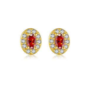 925 Silver-Plated Gold Oval Red Zircon Earrings-MME1045