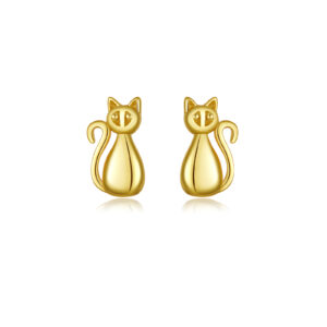925 Silver Gold Polished Cat Stud Earrings-MME311