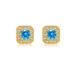 925 Silver-Plated Gold Square Blue CZ Halo Earstuds -MME1032